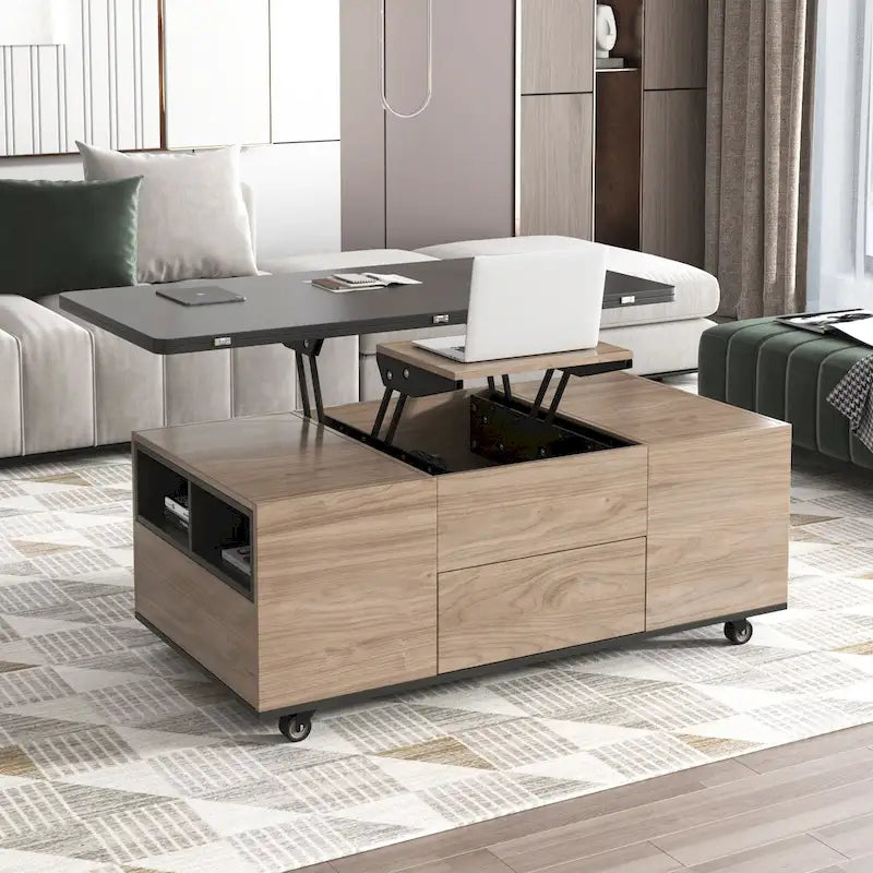Table basse relevable avec tiroirs et étagères Style moderne