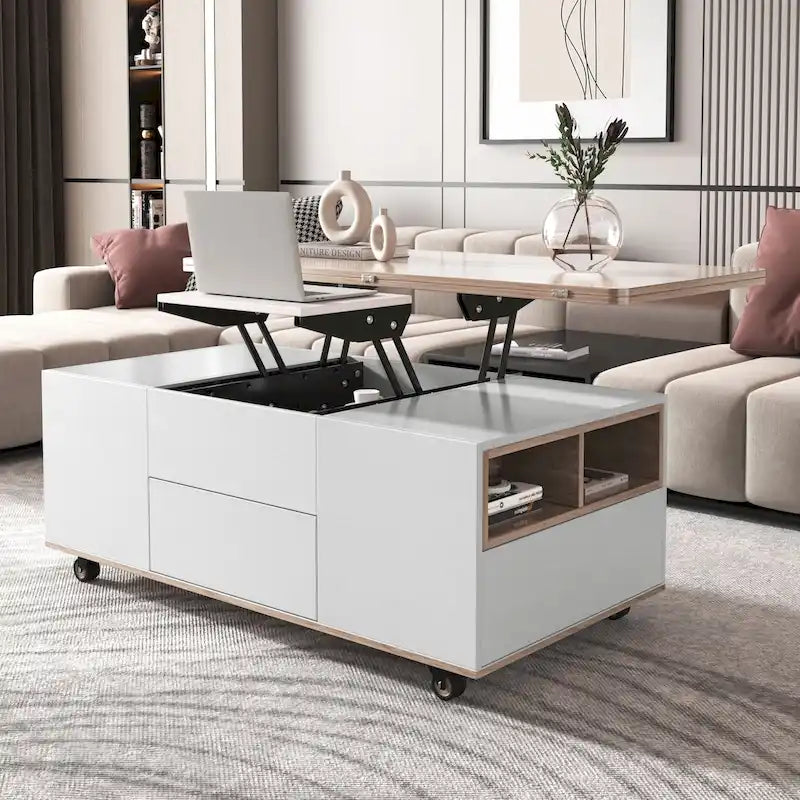 Table basse relevable avec tiroirs et étagères Style moderne