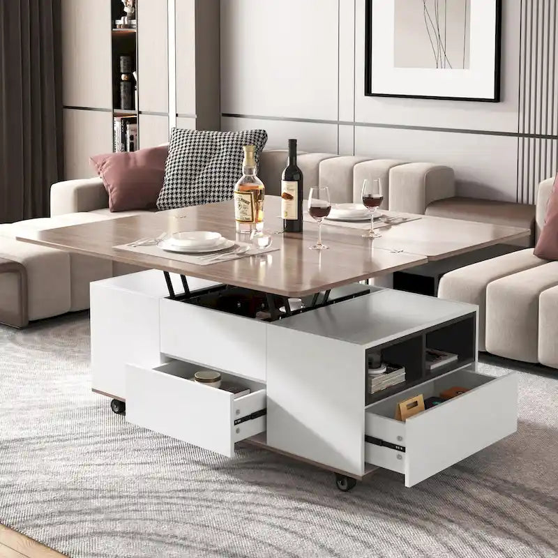 Table basse relevable avec tiroirs et étagères Style moderne