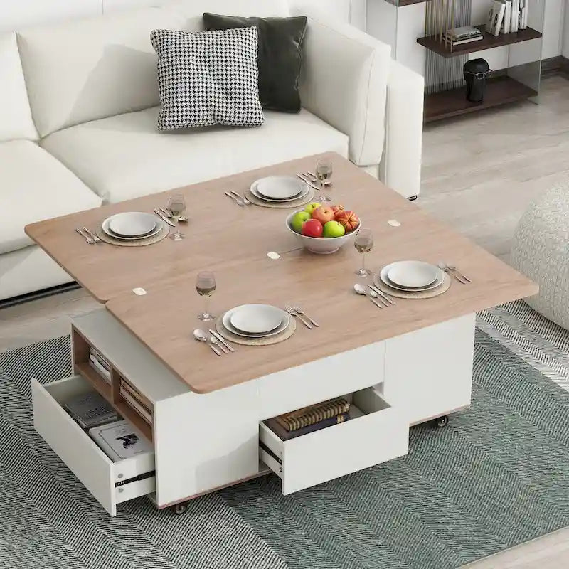 Table basse relevable avec tiroirs et étagères Style moderne