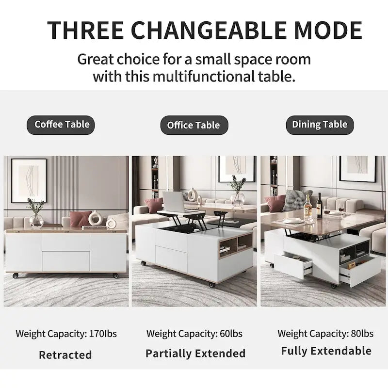Table basse relevable avec tiroirs et étagères Style moderne
