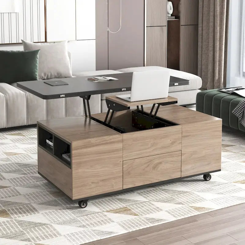 Table basse relevable avec tiroirs et étagères Style moderne