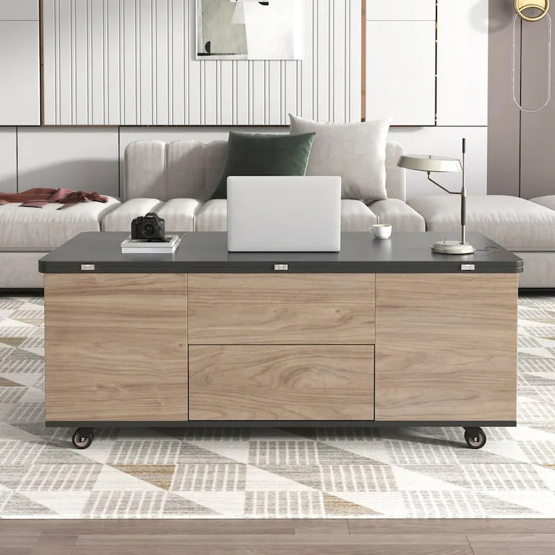 Table basse relevable avec tiroirs et étagères Style moderne