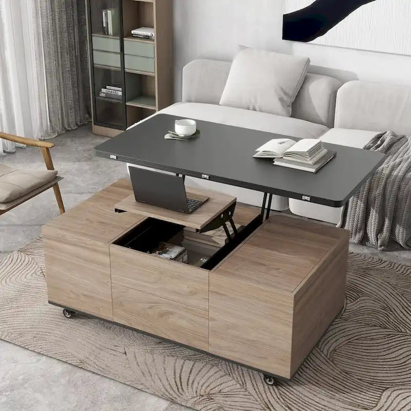 Table basse relevable avec tiroirs et étagères Style moderne