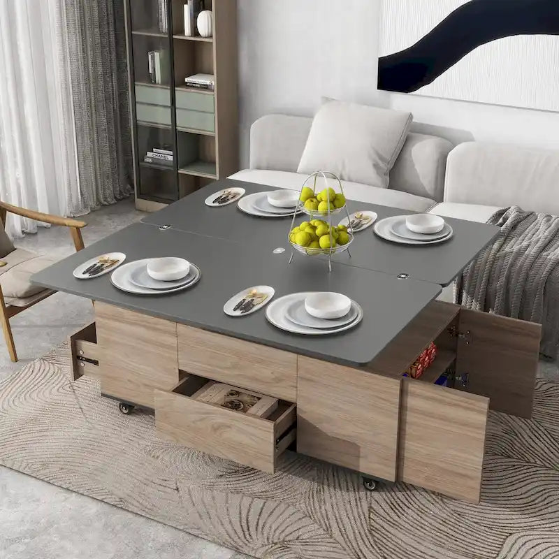 Table basse relevable avec tiroirs et étagères Style moderne