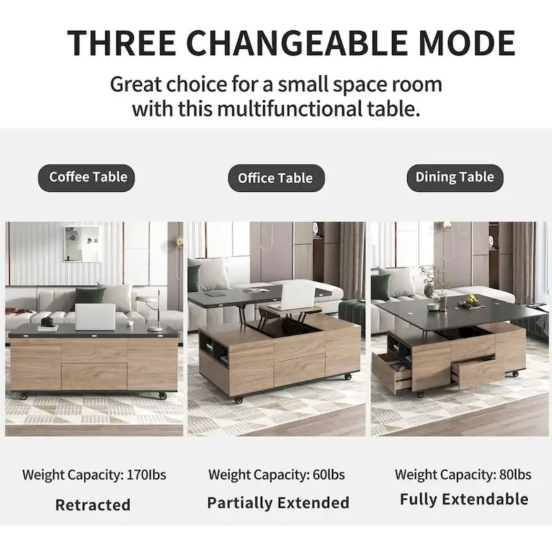 Table basse relevable avec tiroirs et étagères Style moderne