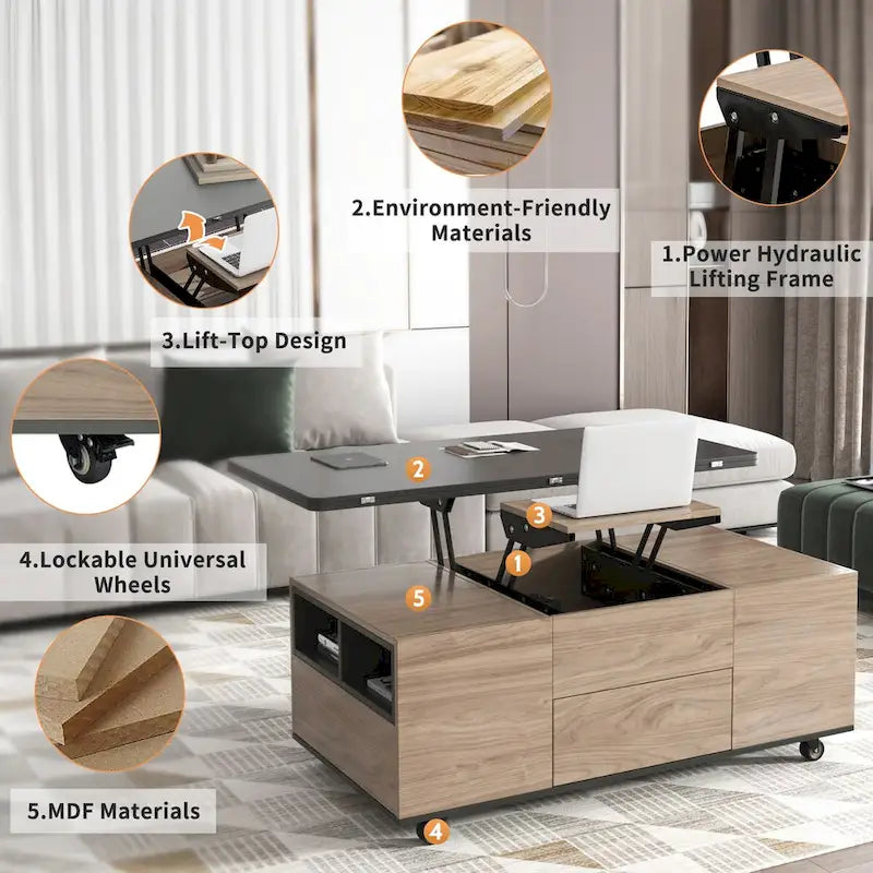 Table basse relevable avec tiroirs et étagères Style moderne