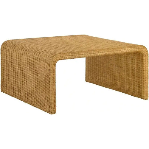 36 Inch Square Rattan Coffee Table, Waterfall Edges, Natural Textured Brown