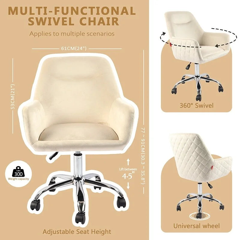 Chaise d'appoint pivotante en velours avec roulettes, réglable en hauteur, pour bureau à domicile, de style moderne