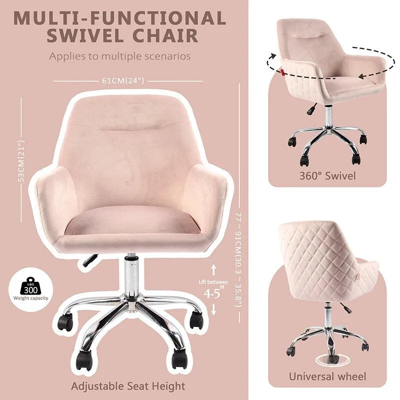 Chaise d'appoint pivotante en velours avec roulettes, réglable en hauteur, pour bureau à domicile, de style moderne