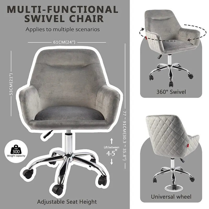 Chaise d'appoint pivotante en velours avec roulettes, réglable en hauteur, pour bureau à domicile, de style moderne