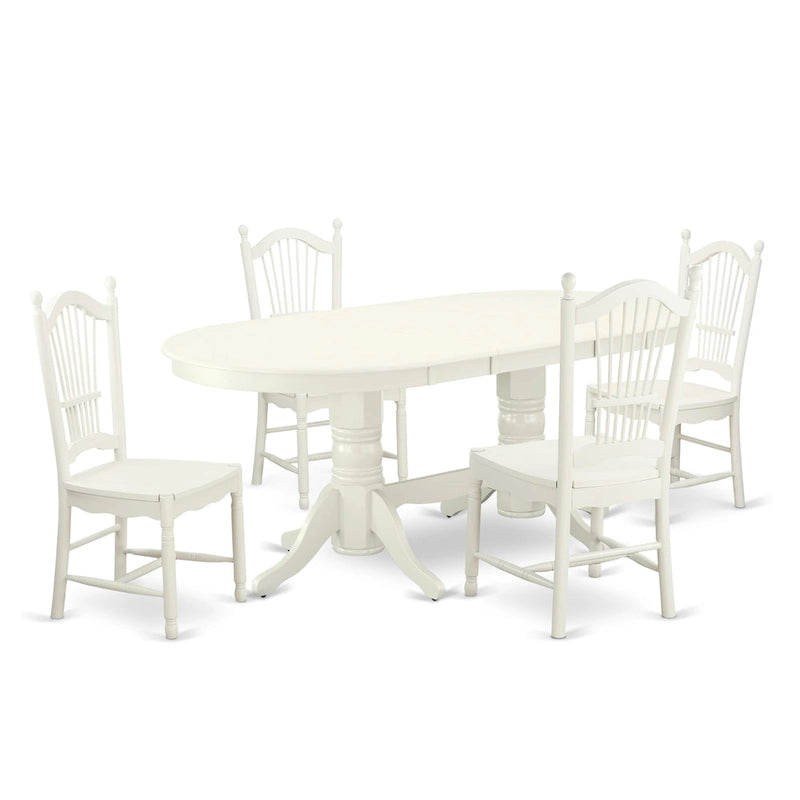 Table à manger ovale avec rallonge papillon et pied central, blanc lin