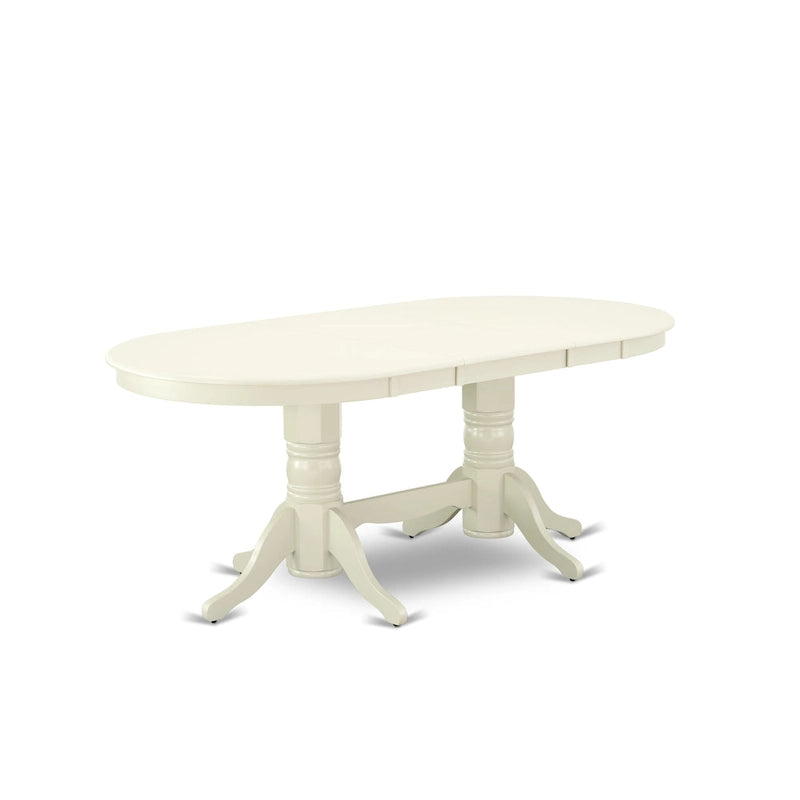 Table à manger ovale avec rallonge papillon et pied central, blanc lin