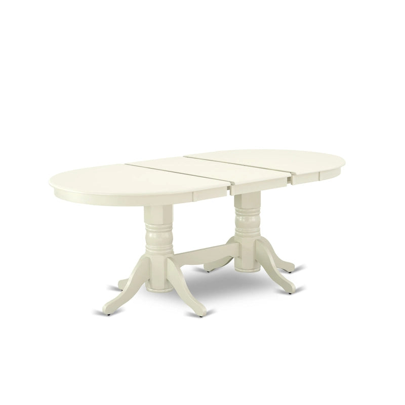 Table à manger ovale avec rallonge papillon et pied central, blanc lin