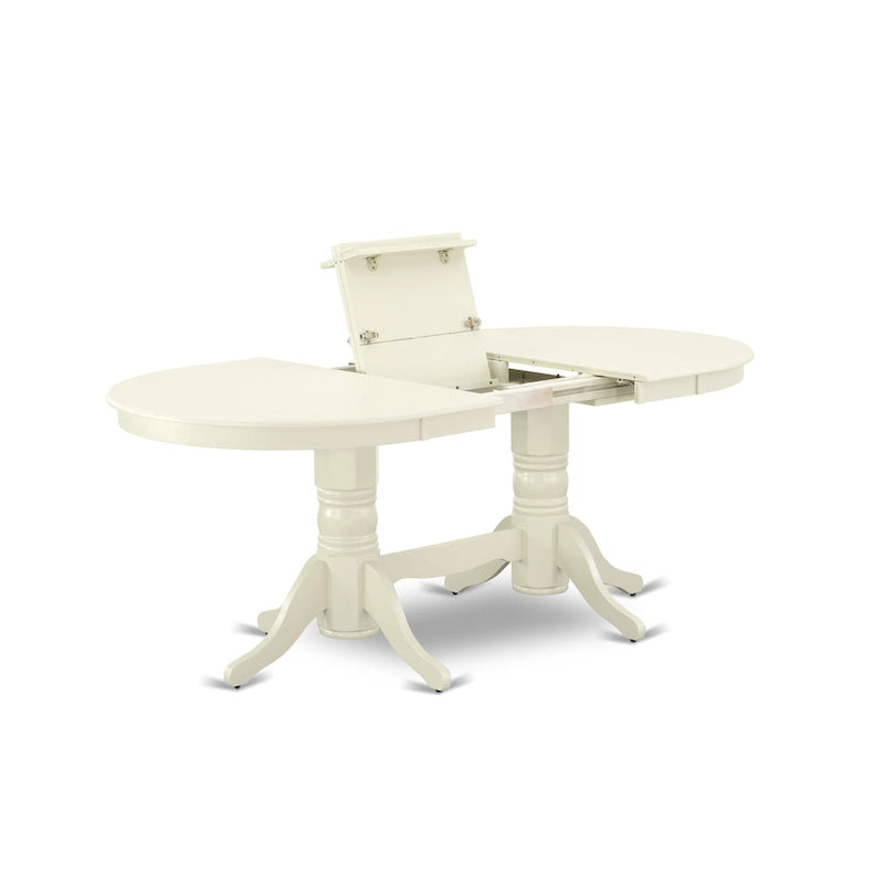 Table à manger ovale avec rallonge papillon et pied central, blanc lin