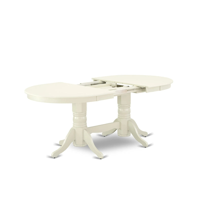 Table à manger ovale avec rallonge papillon et pied central, blanc lin