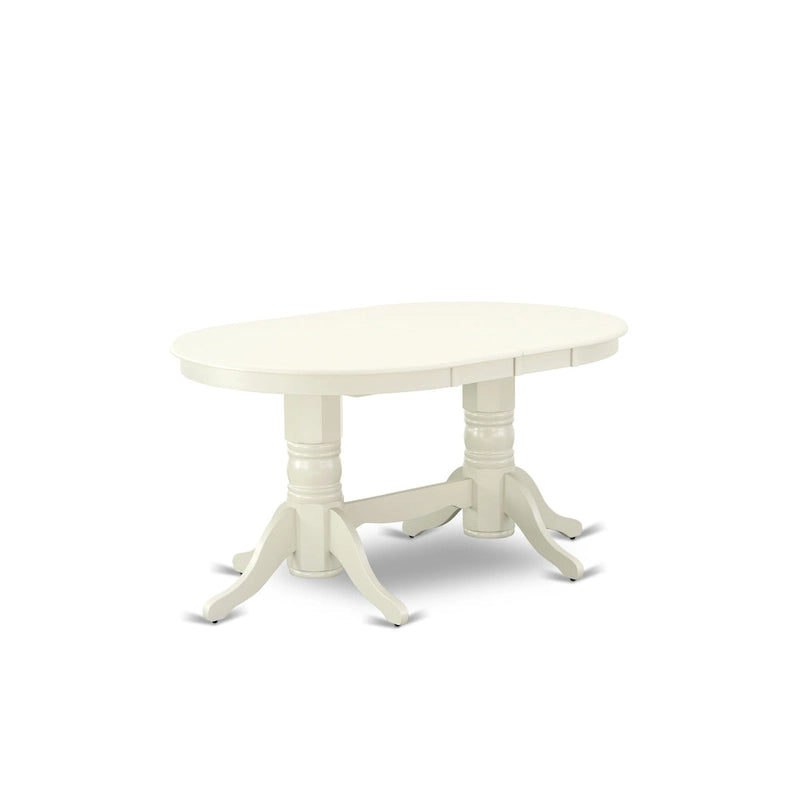 Table à manger ovale avec rallonge papillon et pied central, blanc lin