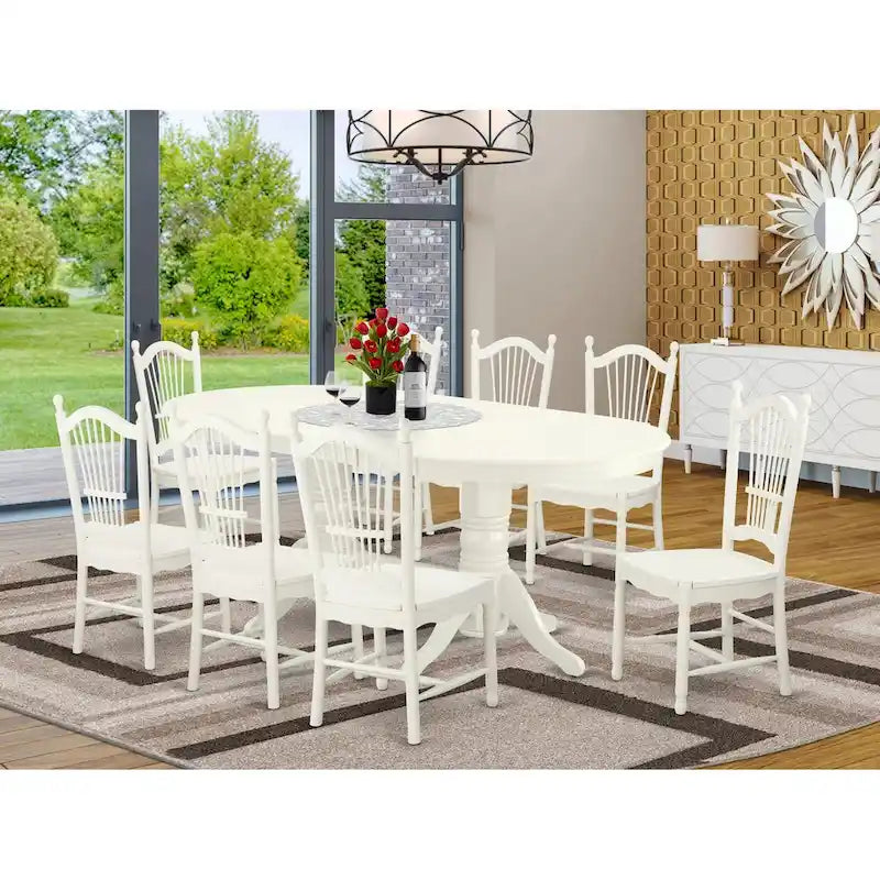 Table à manger ovale avec rallonge papillon et pied central, blanc lin