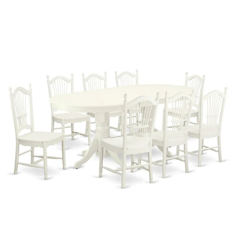 Table à manger ovale avec rallonge papillon et pied central, blanc lin