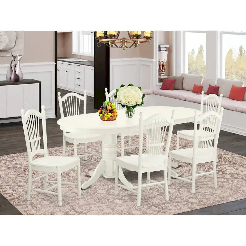 Table à manger ovale avec rallonge papillon et pied central, blanc lin