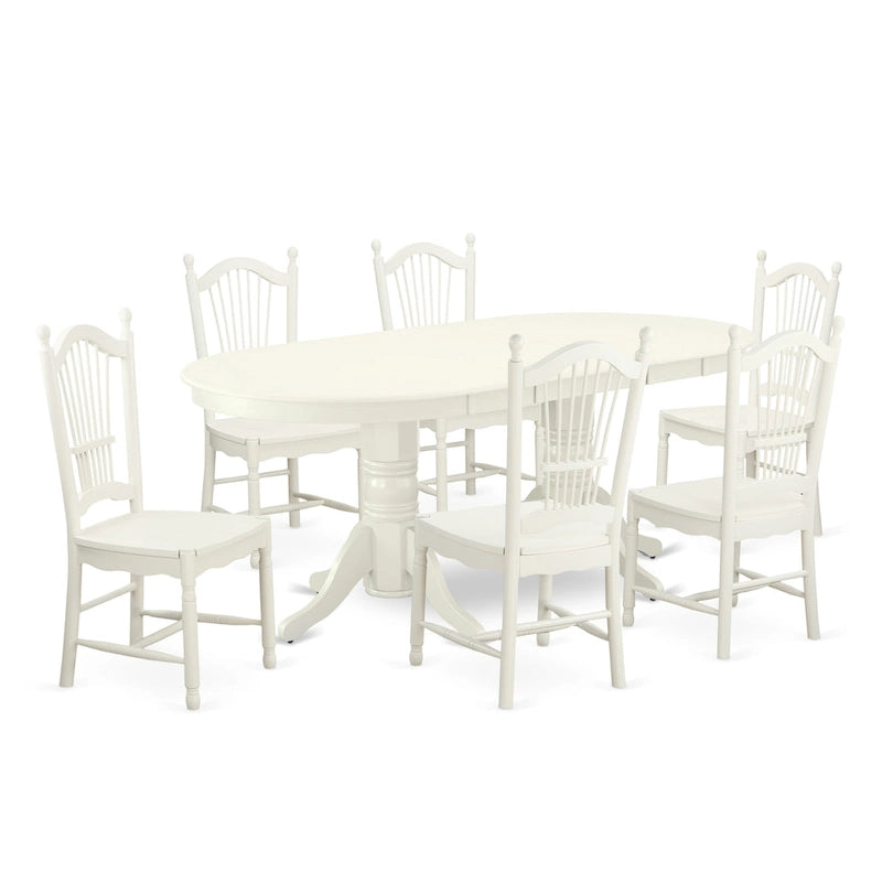 Table à manger ovale avec rallonge papillon et pied central, blanc lin