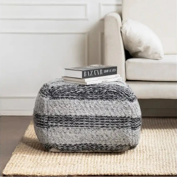 Jani Grey Striped Handwoven 24-inch Square Pouf Ottoman - Stylish Footrest for Living Room, Bedroom