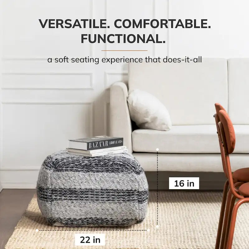 Pouf ottoman carré bohème élégant, tissé main à rayures grises, 60 cm, repose-pieds