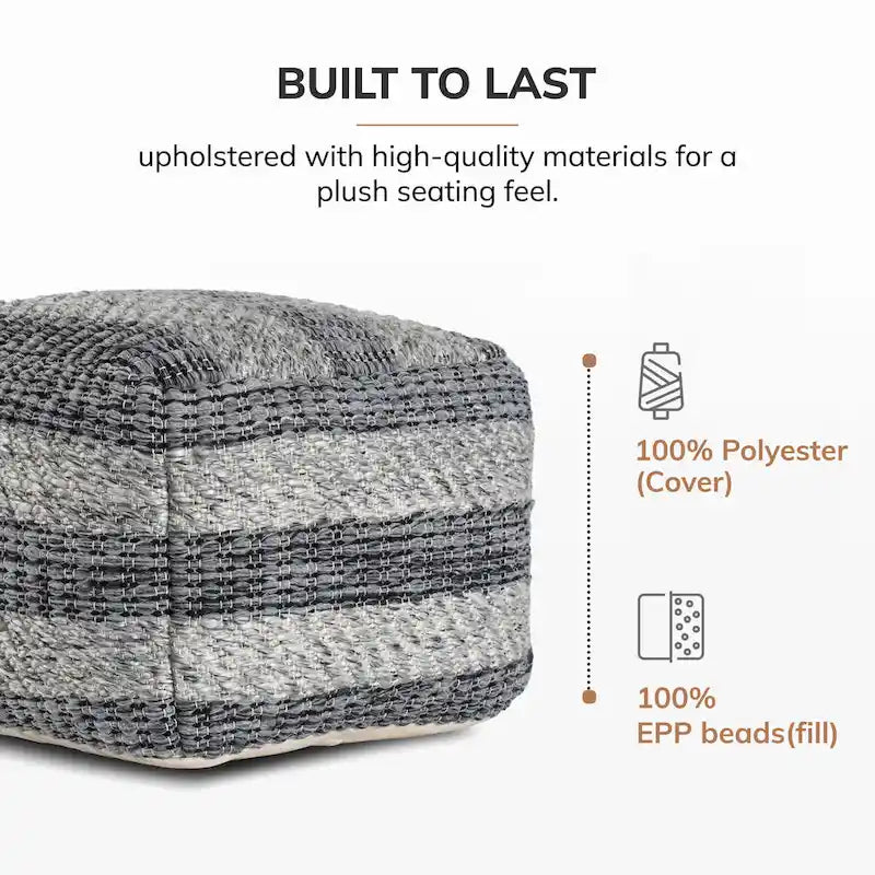 Pouf ottoman carré bohème élégant, tissé main à rayures grises, 60 cm, repose-pieds