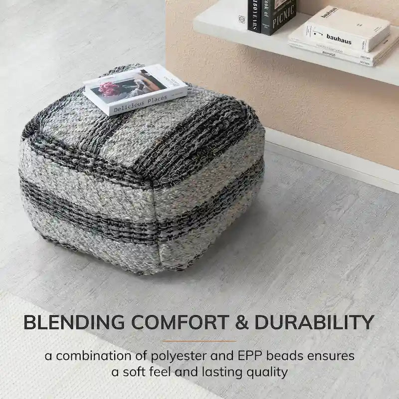 Pouf ottoman carré bohème élégant, tissé main à rayures grises, 60 cm, repose-pieds