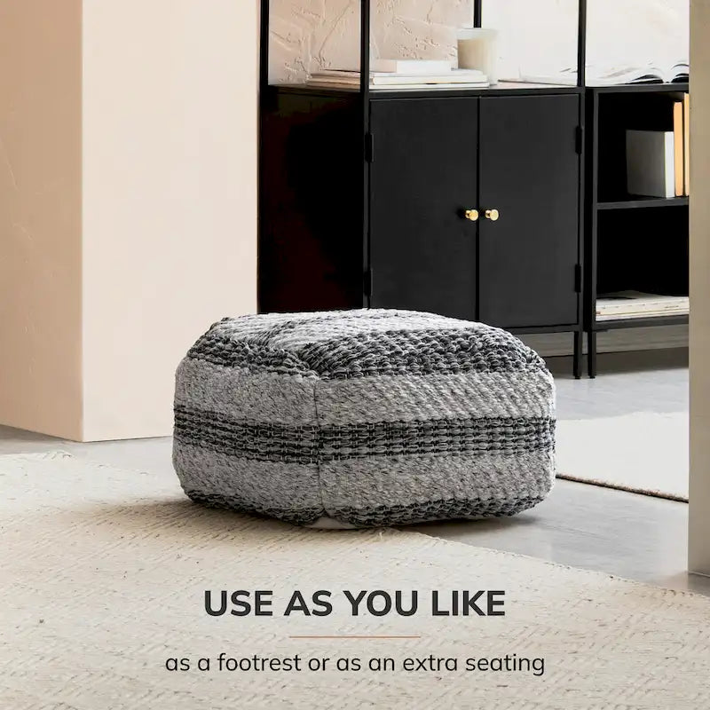 Pouf ottoman carré bohème élégant, tissé main à rayures grises, 60 cm, repose-pieds