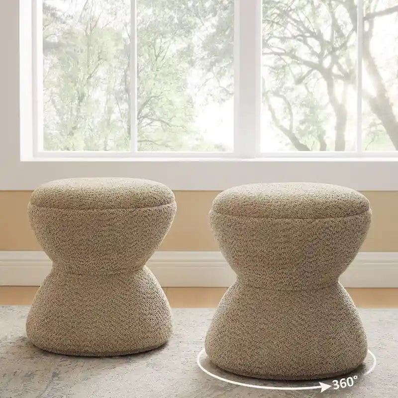 VANOMi Djembe Boucle Upholstered Ottoman with Swivel Base, Pouf, Swivel Vanity Stool for Living Room, Walk-in Closet (Set of 2)