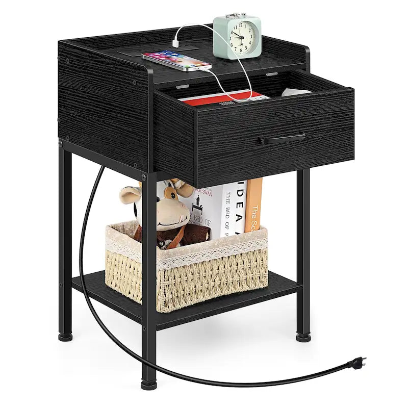 Table de chevet avec station de recharge ports USB, tiroir et étagère de rangement