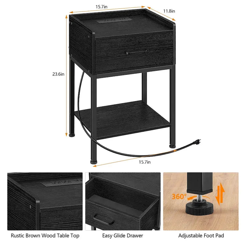 Table de chevet avec station de recharge ports USB, tiroir et étagère de rangement