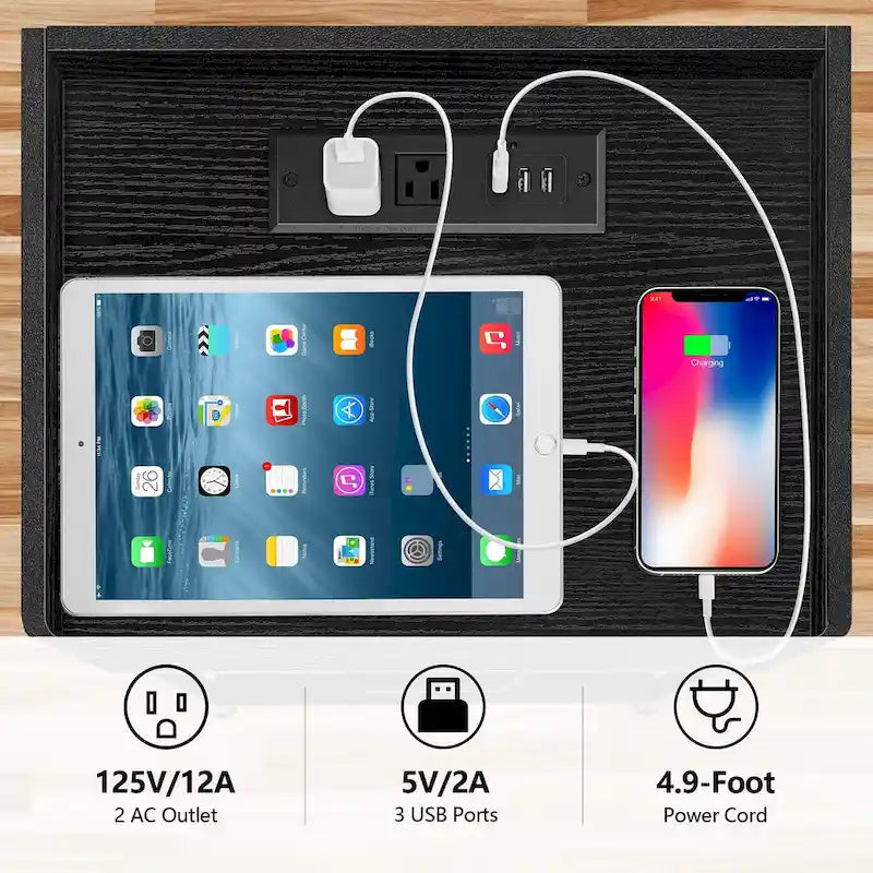 Table de chevet avec station de recharge ports USB, tiroir et étagère de rangement