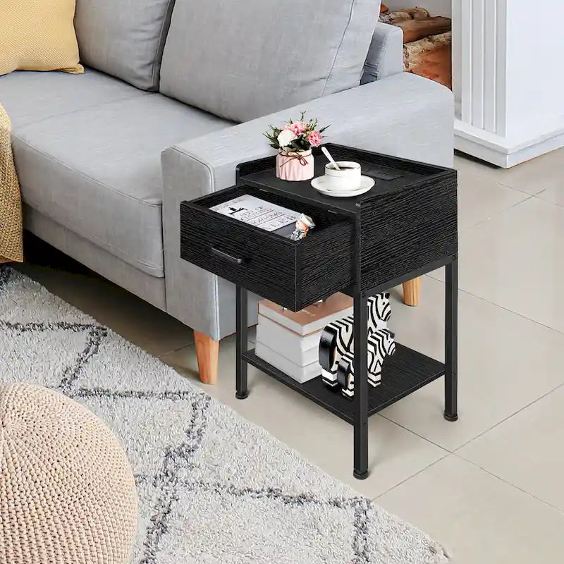 Table de chevet avec station de recharge ports USB, tiroir et étagère de rangement
