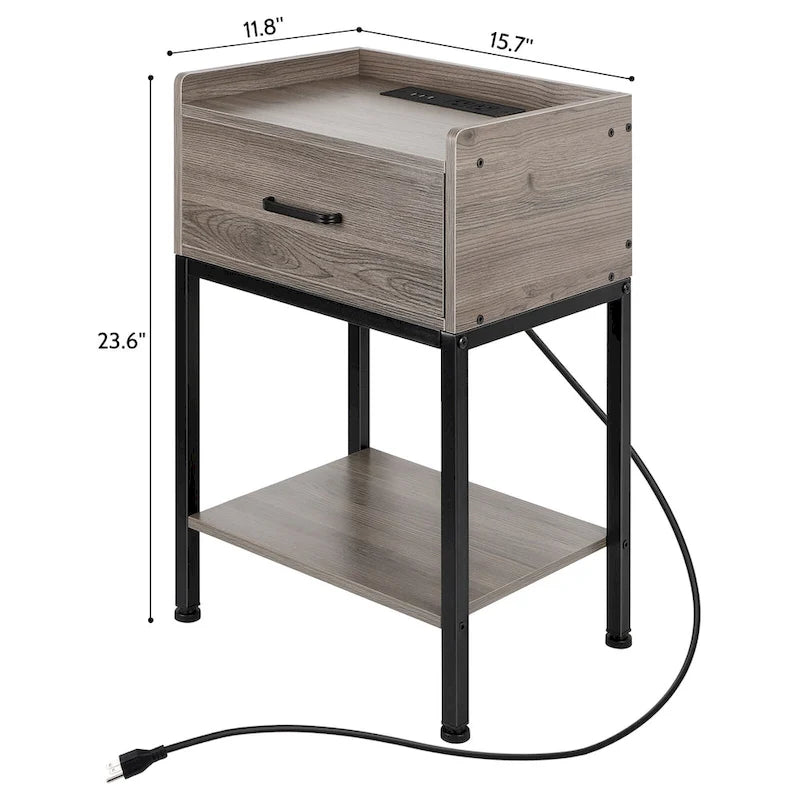 Table de chevet avec station de recharge ports USB, tiroir et étagère de rangement