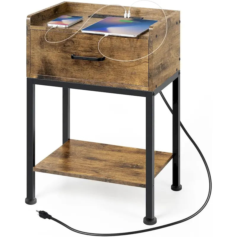 Table de chevet avec station de recharge ports USB, tiroir et étagère de rangement