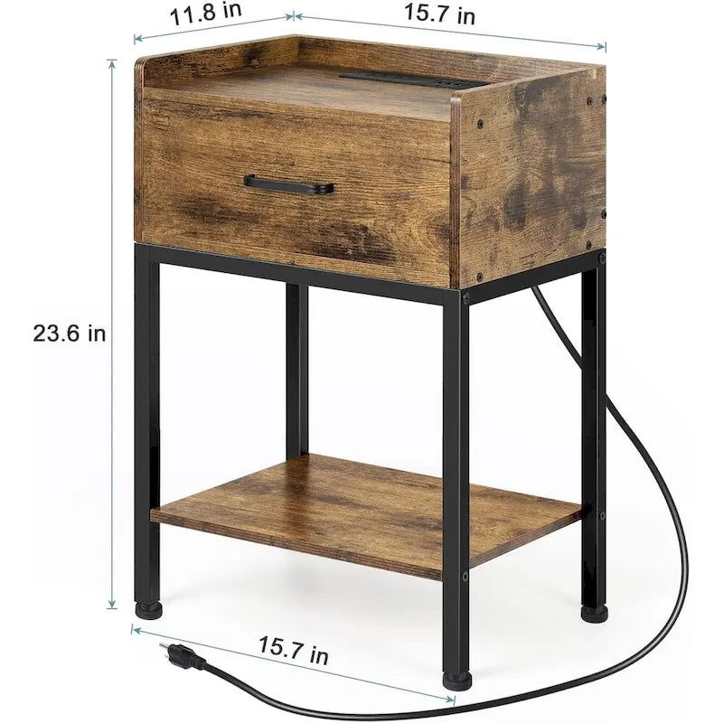 Table de chevet avec station de recharge ports USB, tiroir et étagère de rangement
