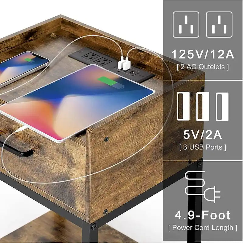 Table de chevet avec station de recharge ports USB, tiroir et étagère de rangement