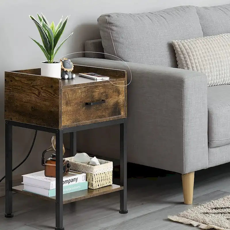 Table de chevet avec station de recharge ports USB, tiroir et étagère de rangement