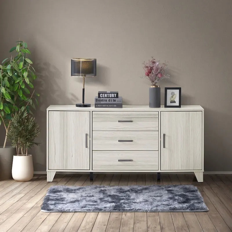 Buffet en bois moderne avec tiroirs et espace de rangement gris