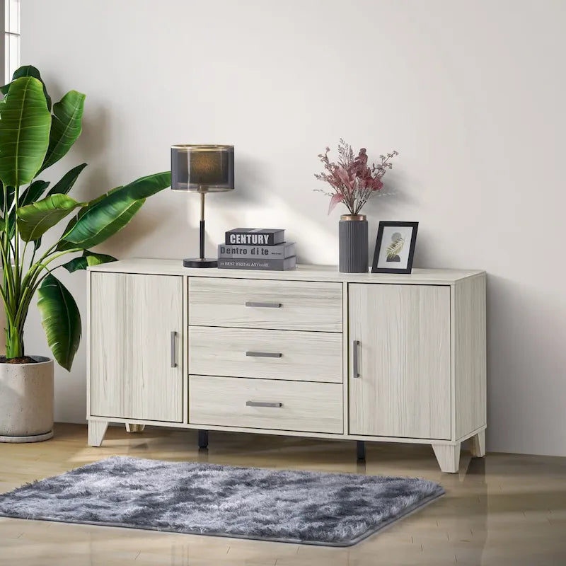 Buffet en bois moderne avec tiroirs et espace de rangement gris