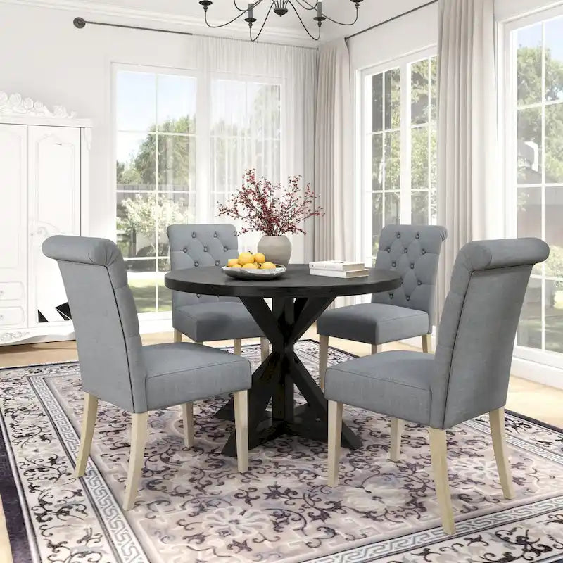 Table à manger piédestal en X ronde finition noire style ferme moderne