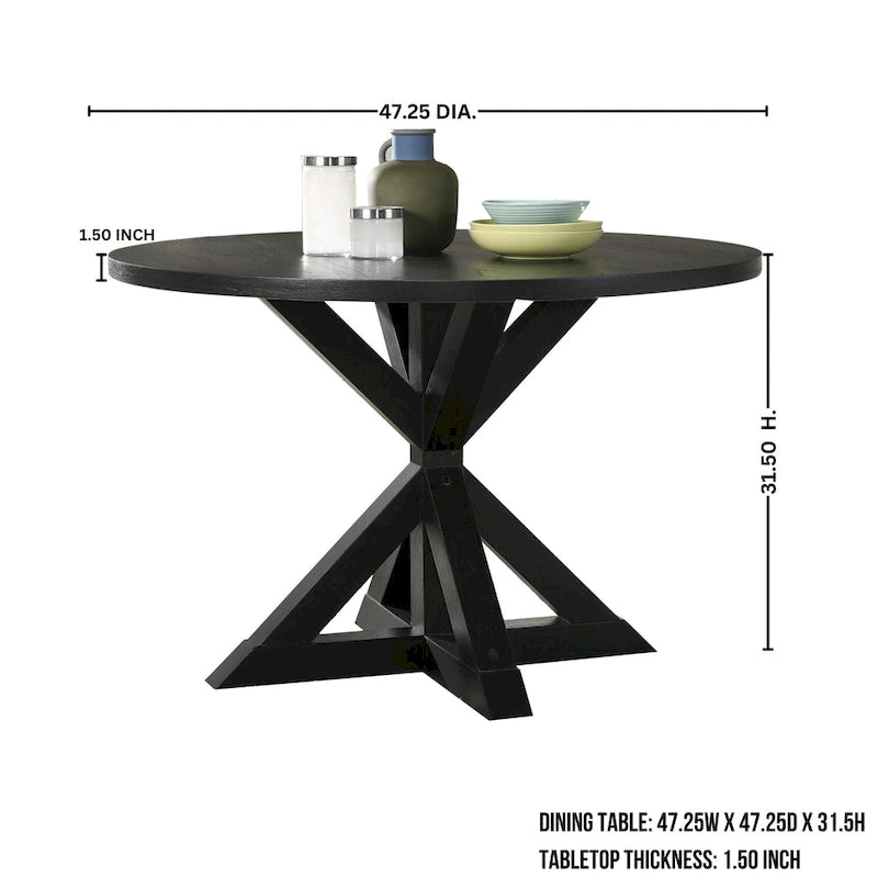 Table à manger piédestal en X ronde finition noire style ferme moderne