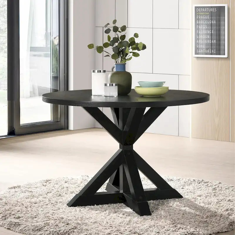 Table à manger piédestal en X ronde finition noire style ferme moderne