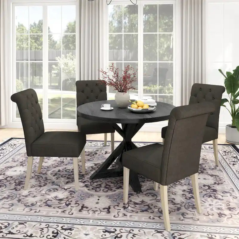 Table à manger piédestal en X ronde finition noire style ferme moderne