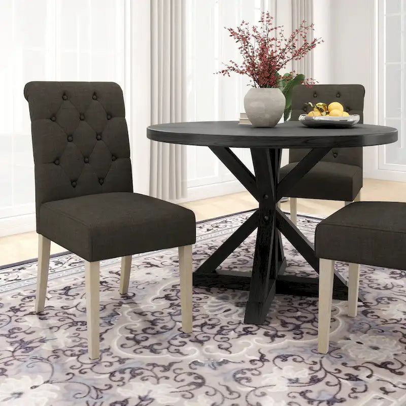 Table à manger piédestal en X ronde finition noire style ferme moderne