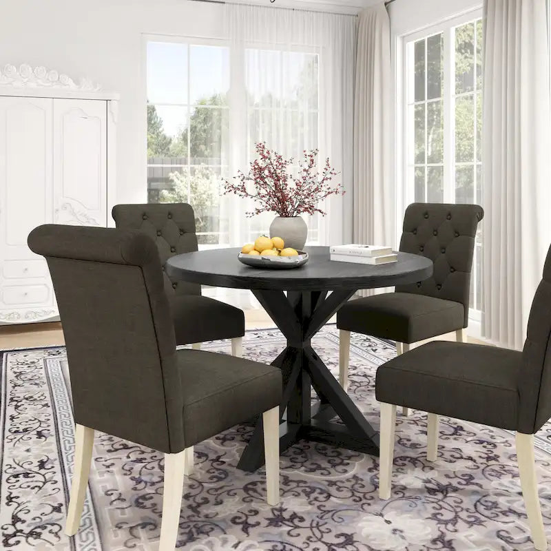 Table à manger piédestal en X ronde finition noire style ferme moderne