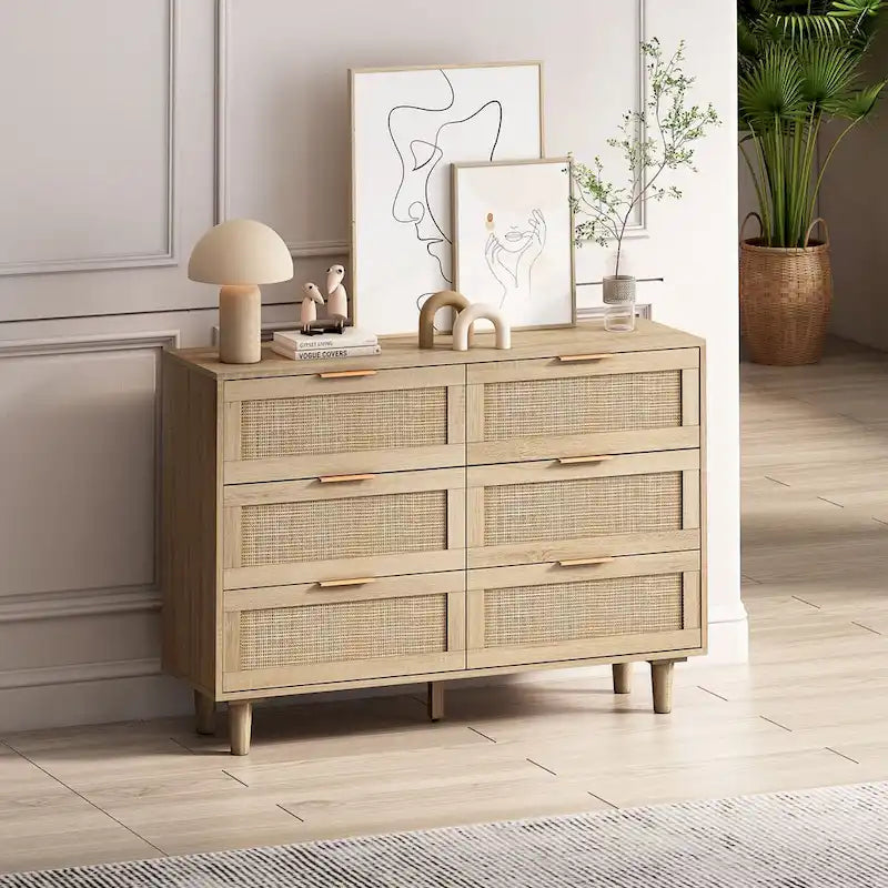 Commode en rotin à 6 tiroirs, finition naturelle avec poignées dorées