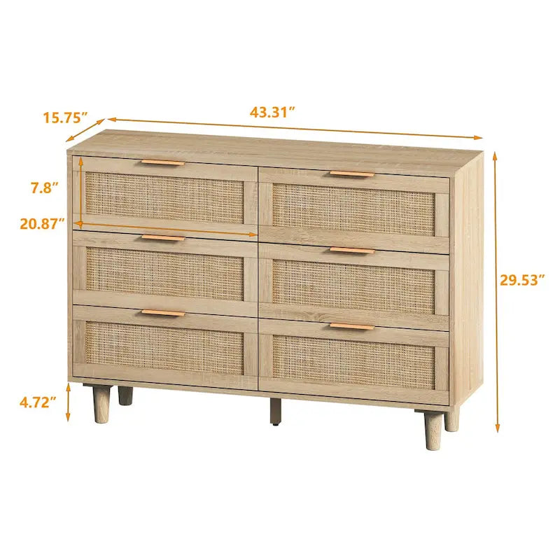 Commode en rotin à 6 tiroirs, finition naturelle avec poignées dorées